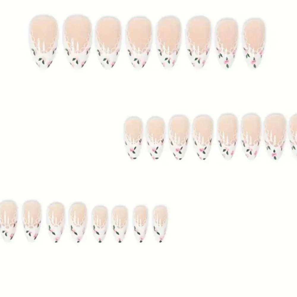 🔥3/$21 Almond shaped French tip Romantic Floral design Press on False Nails